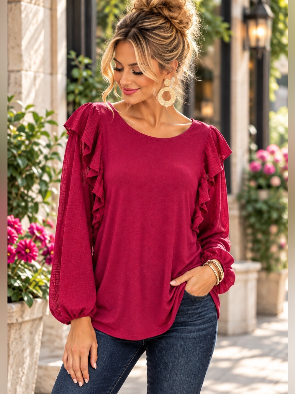 J.Crew Berry Ruffle Sleeve Blouse Top XL Romantic Feminine